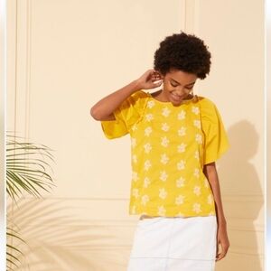 LOFT Yellow Embroidered Floral Blouse Puff Sleeve Cotton Top Size L